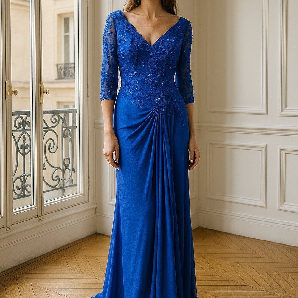 NWT Hebeos Blue Applique Beaded Maxi Dress Short Sleeve A-Line Size 8